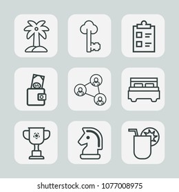 Premium set of outline icons. Such as interior, checklist, tropical, leaf, winner, bedroom, dollar, lock, coconut, money, tree, natural, key, purse, juice, wallet, palm, white, display, championship