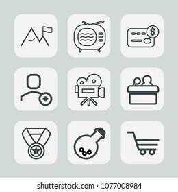 Premium set of outline icons. Such as retro, conference, summer, presentation, shop, web, movie, retail, electric, camera, mountain, tool, rock, public, user, credit, money, technology, award, delete