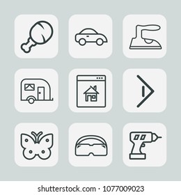Premium set of outline icons. Such as equipment, insect, drill, traffic, clothes, fly, meal, real, transportation, taxi, meat, wing, transport, business, van, travel, right, snack, online, vehicle