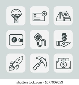 Premium set of outline icons. Such as architecture, finance, bank, purse, growth, life, crane, money, skydiving, equipment, extreme, building, air, nature, tree, roof, space, sky, science, currency