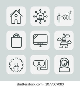 Premium set of outline icons. Such as celebration, call, diving, glass, building, real, progress, screen, pc, white, paris, development, architecture, personal, technology, business, computer, present
