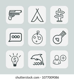 Premium set of outline icons. Such as army, planet, direction, instrument, wildlife, chat, caliber, user, tent, nature, ocean, string, travel, sign, gun, dolphin, war, musical, firearm, adventure, add