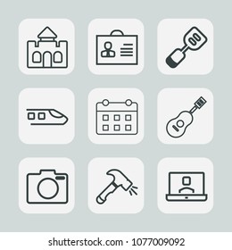 Premium set of outline icons. Such as profile, travel, kingdom, day, photo, shovel, schedule, guitar, tower, calendar, social, people, railway, human, call, woman, video, sound, utensil, spatula, time