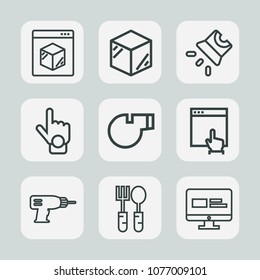 Premium set of outline icons. Such as sport, box, delivery, container, product, service, drill, whistle, mouse, screen, packaging, freight, kitchen, work, machine, finger, package, movie, fork, click