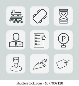 Premium set of outline icons. Such as time, transport, tag, business, shovel, hour, sea, avatar, house, skater, profile, human, document, clock, timer, contract, skateboarding, nautical, construction