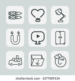Premium set of outline icons. Such as shot, lamp, cartridge, box, trash, heart, gun, transportation, pole, truck, war, home, military, horizontal, light, fahrenheit, modern, science, thermometer, love