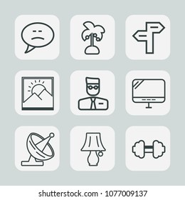 Premium set of outline icons. Such as profile, palm, natural, tree, picture, satellite, antenna, gym, technology, dish, leaf, web, bubble, speech, switch, frame, light, photo, laptop, account, sport