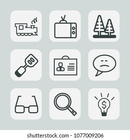 Premium set of outline icons. Such as nature, display, video, forest, landscape, concept, railway, eyeglasses, tv, kitchen, speed, sign, person, speech, television, spatula, rail, bubble, tool, idea