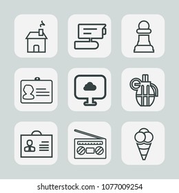 Premium set of outline icons. Such as ball, name, property, cloud, strategy, food, chess, window, camera, house, estate, radio, identification, female, hand, chessboard, building, id, dessert, sound