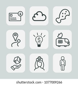 Premium set of outline icons. Such as box, man, hand, money, bag, currency, healthcare, web, television, van, care, idea, package, nurse, navigation, map, cash, dollar, route, road, tv, sign, chicken