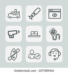 Premium set of outline icons. Such as water, freight, center, headset, shipping, transportation, explosive, joy, summer, attack, office, boat, kite, business, canoe, nuclear, hat, sky, computer, truck