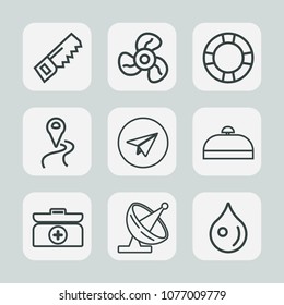 Premium set of outline icons. Such as web, luggage, communication, pool, internet, cross, box, drop, air, cooling, map, aid, electric, saw, inflatable, location, building, equipment, road, travel, fan