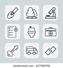 Premium Set Of Outline Icons. Such As Wc, Landscape, Screwdriver, Forest, Restroom, Lock, Emergency, Human, Science, Business, Direction, Bus, Biology, Kit, Highway, Door, Move, Cross, Trunk, Box, Web