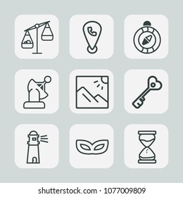 Premium set of outline icons. Such as earth, satellite, security, water, sign, sand, map, door, concept, landscape, weight, measurement, south, mobile, hour, photography, lighthouse, time, ocean, mask