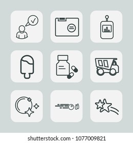 Premium set of outline icons. Such as paper, tv, hobby, night, moon, tipper, profile, folder, button, cream, medicine, vehicle, dumper, management, remote, pharmacy, technology, sport, food, internet