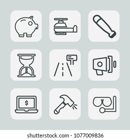 Premium set of outline icons. Such as shovel, loudspeaker, finance, money, traffic, sand, cash, mask, timer, sign, loud, aircraft, notebook, equipment, technology, bat, laptop, aviation, megaphone