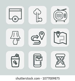 Premium set of outline icons. Such as switch, sand, door, concept, page, navigation, map, television, mail, table, antenna, email, juice, lamp, security, light, hour, electronic, clock, technology, tv