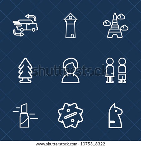 Premium set with outline icons. Such as eiffel, tower, transport, strategy, sale, happy, human, speed, paris, chessboard, red, nature, delivery, label, landmark, chess, travel, shipping, service, girl