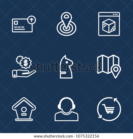 Premium set with outline icons. Such as center, cycle, birdhouse, retail, bird, dollar, cash, coin, internet, home, shipping, online, house, team, cart, money, cargo, radius, currency, freight, wooden