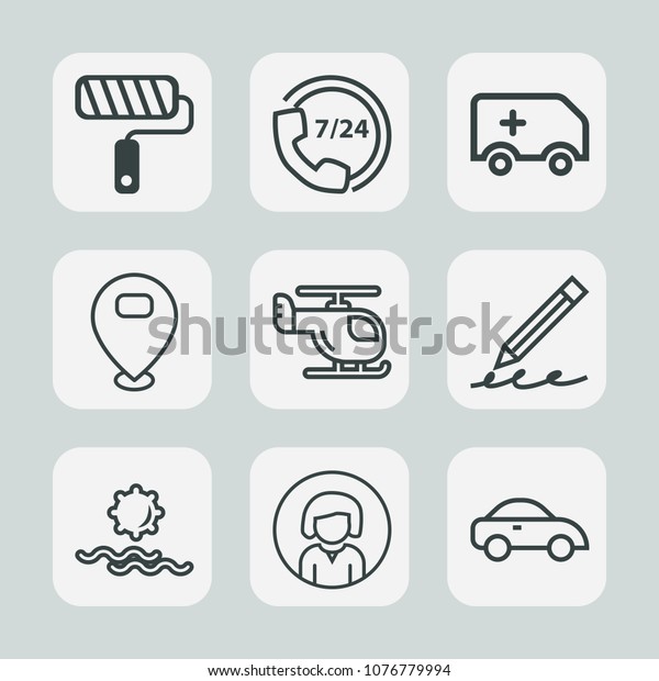 Premium set of outline icons. Such as paint,\
sunrise, medical, write, car, work, vehicle, tool, phone, roller,\
paintbrush, taxi, painter, roll, girl, sky, center, rescue, pencil,\
call, young, service