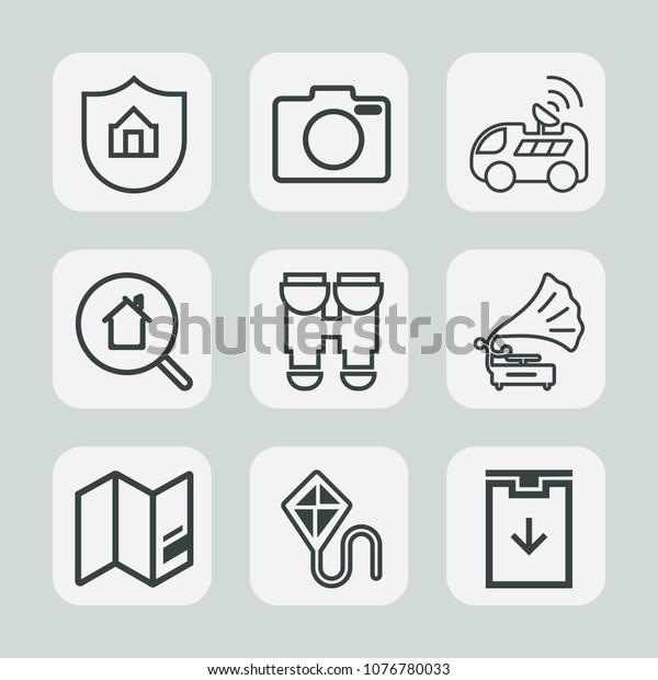 Premium set of outline icons. Such as\
photography, gps, view, navigation, drive, summer, kite, joy,\
online, world, house, sign, photo, fun, map, download, optical,\
music, care, protection,\
property