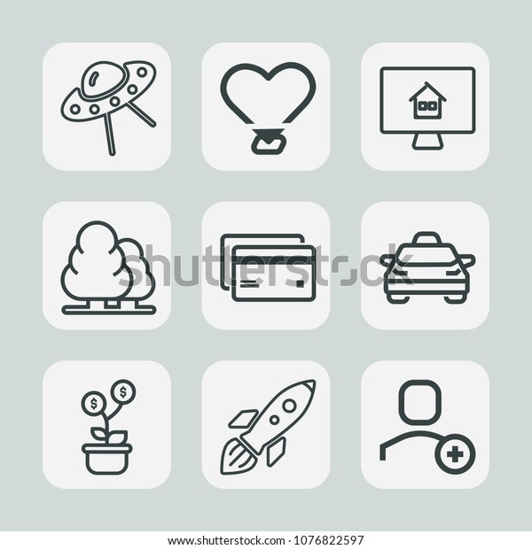 Premium set of outline icons. Such as estate,\
alien, investment, technology, tree, user, plastic, vehicle, shape,\
heart, spaceship, taxi, shuttle, invasion, launch, banking, online,\
car, love, house