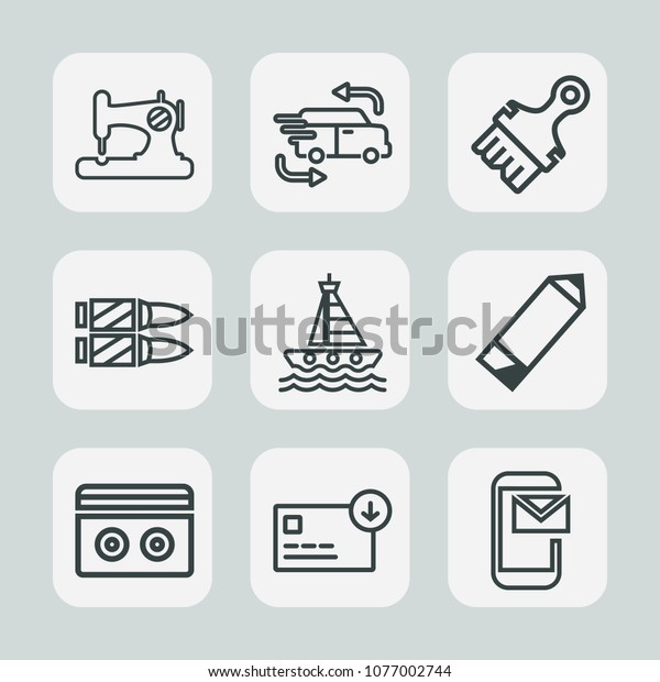 Premium set of outline icons. Such as mail, bag,\
ocean, fashion, speed, weapon, vintage, transport, boat, audio,\
delivery, machine, paint, email, fast, bullet, pen, finance,\
stereo, white, retro,\
sack