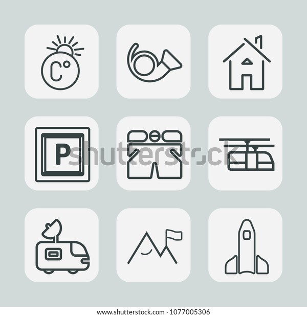 Premium set of outline icons. Such as fahrenheit,\
building, space, science, scale, train, shorts, jazz, rocket,\
nature, template, launch, antenna, tv, musical, thermometer,\
trumpet, temperature,\
white