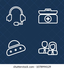 Premium set of outline vector icons. Such as alien, support, work, office, center, person, science, fantasy, call, ufo, aid, cross, medical, white, sound, staff, doctor, spaceship, equipment, worker