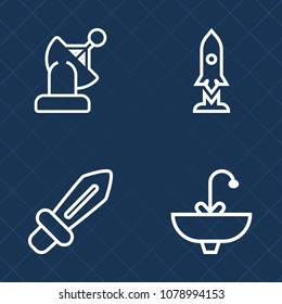 Premium set of outline vector icons. Such as orbit, blade, science, blue, ship, wireless, launch, liquid, technology, fight, global, spaceship, dagger, system, sink, steel, sky, station, rocket, water
