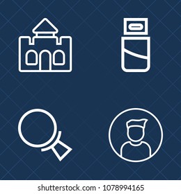 Premium set of outline vector icons. Such as sign, man, look, usb, tower, connector, castle, kingdom, profile, find, magnifying, people, connection, architecture, old, social, device, search, magnify