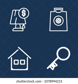 Premium set of outline vector icons. Such as bulb, shopping, house, door, construction, light, purchase, white, estate, furniture, residential, access, decoration, store, interior, security, gift, key