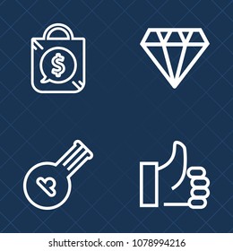 Premium set of outline vector icons. Such as play, shop, luxury, like, tag, good, brilliant, instrument, price, fashion, sound, violin, jewel, finger, store, sign, orchestra, folk, musical, gift, ok