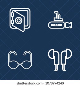 Premium set of outline vector icons. Such as bank, technology, water, stereo, fashion, music, equipment, vision, ship, undersea, dive, code, headset, earphone, steel, device, underwater, modern, audio