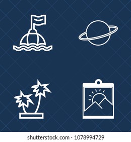 Premium set of outline vector icons. Such as astronomy, plant, rescue, background, galaxy, lifebuoy, water, float, tree, buoy, summer, silhouette, sun, art, palm, system, sea, universe, planet, frame