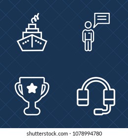 Premium set of outline vector icons. Such as headphone, victory, center, support, conversation, , audio, sport, sound, headset, best, prize, business, medal, microphone, equipment, internet, winner