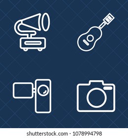 Premium set of outline vector icons. Such as sound, background, old, lens, concert, guitar, professional, equipment, camera, drum, movie, acoustic, technology, vinyl, film, vintage, gramophone, record