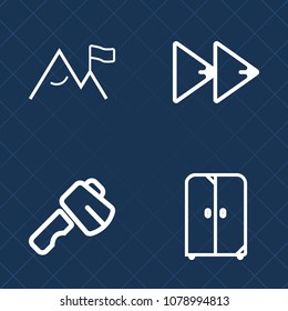 Premium set of outline vector icons. Such as audio, travel, adventure, element, graphic, saw, construction, sound, decorative, screwdriver, home, axe, decoration, pliers, cupboard, rock, fresh, work