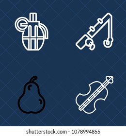 Premium set of outline vector icons. Such as combat, fishing, fruit, hand, food, grenade, catch, green, ammunition, raw, violoncello, metal, rod, instrument, bomb, white, juicy, fresh, explosive, ripe