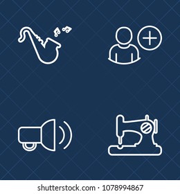 Premium set of outline vector icons. Such as speech, avatar, sound, retro, jazz, sign, human, wind, social, add, megaphone, sew, craft, tailor, announce, bugle, sewing, needle, message, fabric, person