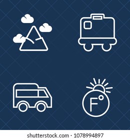 Premium set of outline vector icons. Such as bus, highway, arrival, blue, baggage, luggage, transport, top, move, scale, arrow, chain, direction, driveway, snow, mountain, left, panorama, tourism, bag