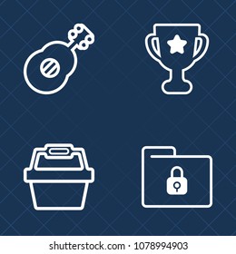 Premium set of outline vector icons. Such as sign, champion, protection, store, sale, buy, basket, first, shop, ribbon, achievement, sport, market, document, prize, folder, place, data, white, musical