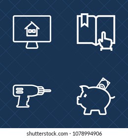 Premium set of outline vector icons. Such as computer, coin, electric, machine, sign, document, rent, work, home, page, library, finance, market, business, online, hand, residential, banking, real