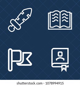 Premium set of outline vector icons. Such as textbook, knight, address, country, steel, usa, battle, note, weapon, banner, library, document, medieval, fight, page, nation, open, read, paper, blade