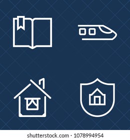 Premium set of outline vector icons. Such as family, track, click, travel, vehicle, security, construction, book, residential, house, safety, locomotive, property, railway, care, door, station, page