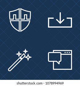 Premium set of outline vector icons. Such as talk, internet, sign, magical, shield, magician, computer, web, wand, secure, protect, button, interface, speech, graphic, dialog, download, communicate