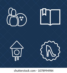 Premium set of outline vector icons. Such as garden, click, boots, book, leisure, elegance, competition, birdhouse, box, concept, footwear, wooden, summer, circle, sign, fashion, beautiful, pin, game