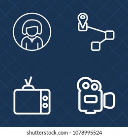 Premium set of outline vector icons. Such as button, beautiful, map, home, modern, face, media, beauty, lens, web, lady, handle, equipment, movie, entertainment, style, point, technology, television