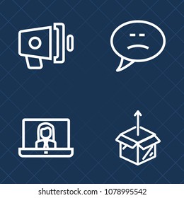 Premium set of outline vector icons. Such as dialog, young, announcement, unpacking, talk, announce, woman, chat, female, communicate, people, audio, carton, megaphone, mobile, loudspeaker, video, new