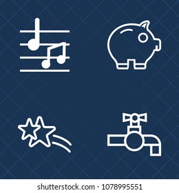 Premium set of outline vector icons. Such as bank, comet, investment, plumbing, melody, star, sparkle, bright, graphic, bathroom, water, musical, kitchen, abstract, black, meteor, tap, save, backdrop